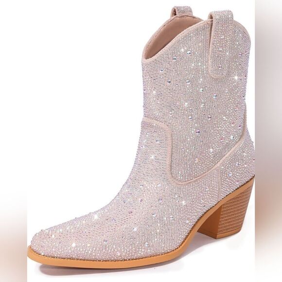 🩵NIB Apricot w/Silver Rhinestones Wide Calf Ankle Booties Size 9 - Picture 1 of 12